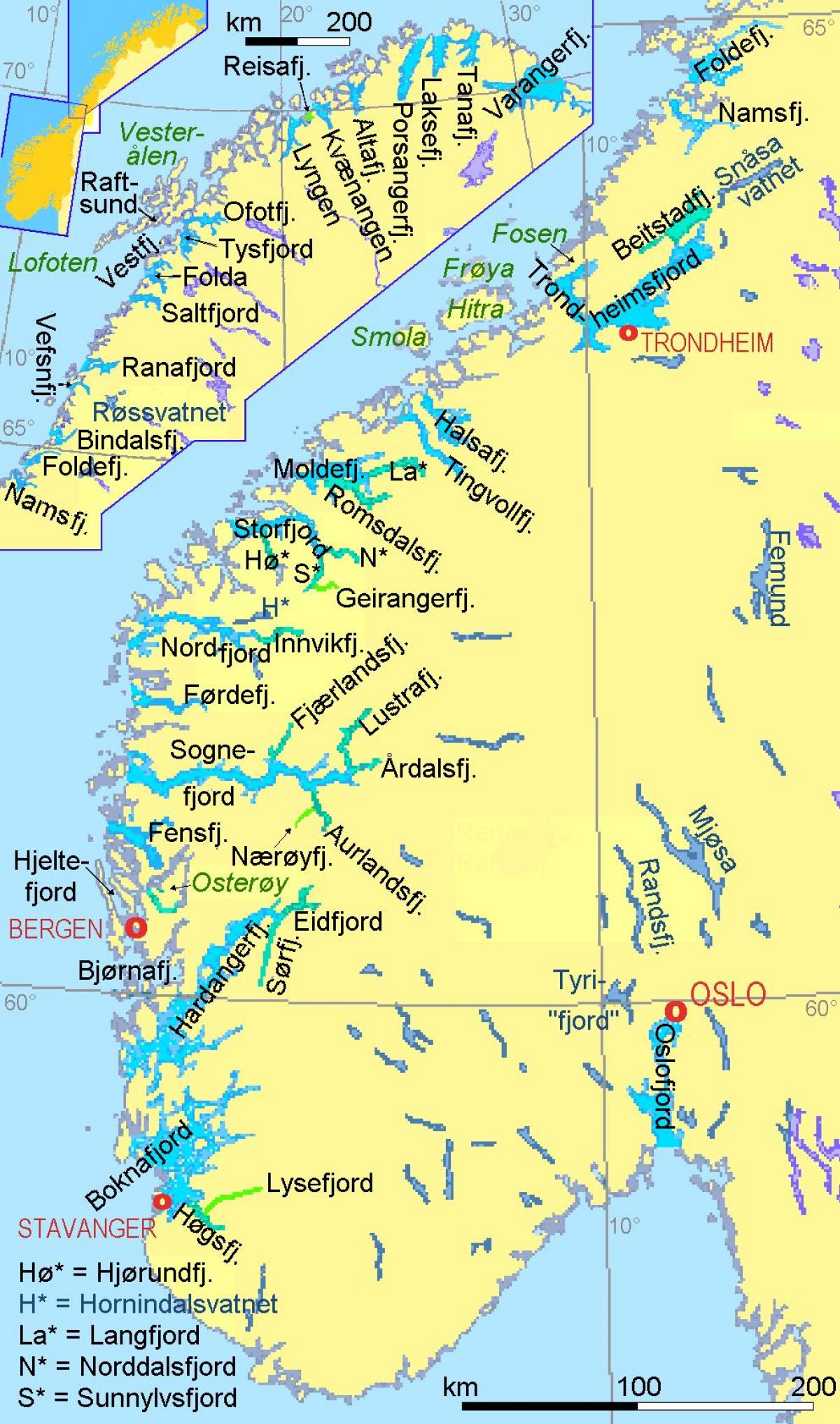 peta Norway menunjukkan fjord