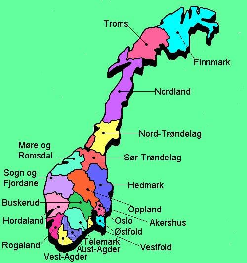 Peta Norway negara laluan pelancong 